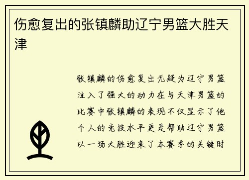 伤愈复出的张镇麟助辽宁男篮大胜天津