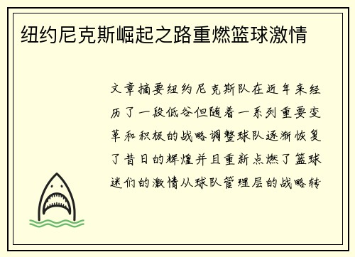 纽约尼克斯崛起之路重燃篮球激情